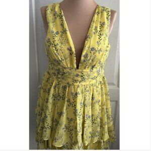 Aqua Luxe Butter Yellow floral tiered V neck Mini Dress